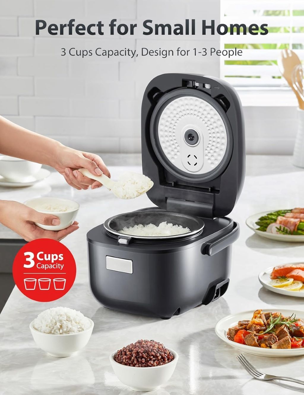 Compact Toshiba rice cooker for rice, oatmeal, and mixed grains