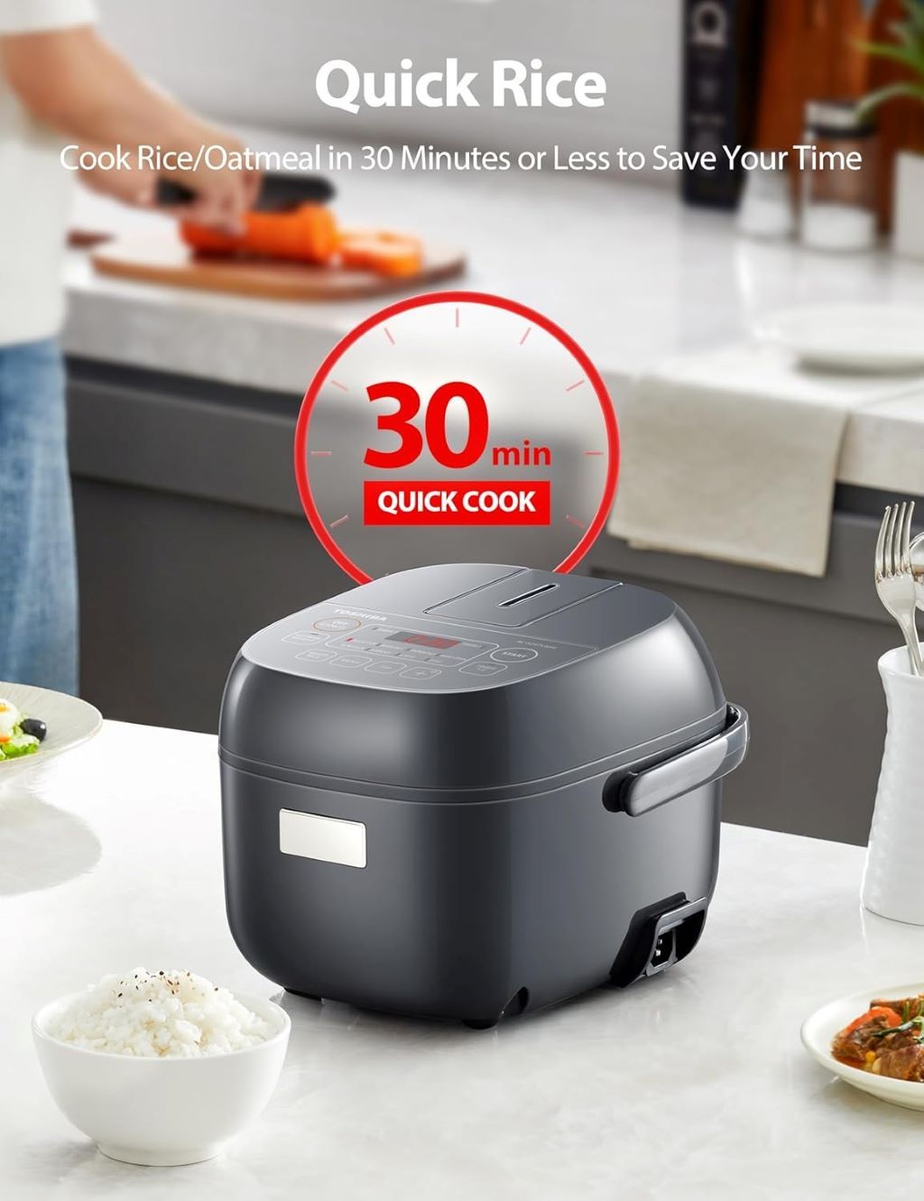 Nonstick Toshiba rice cooker with versatile multi-cook settings in grey