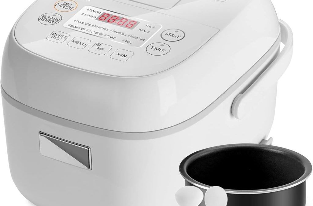 Toshiba 3-Cup Mini Rice Cooker in white with one-touch cooking and keep warm function
