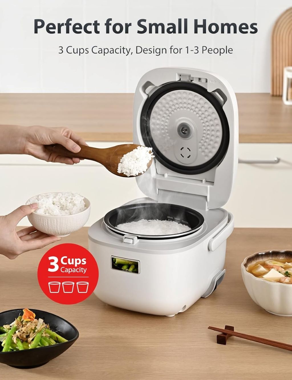 Compact Toshiba rice cooker with fuzzy logic, steamer, and 24-hour delay timer