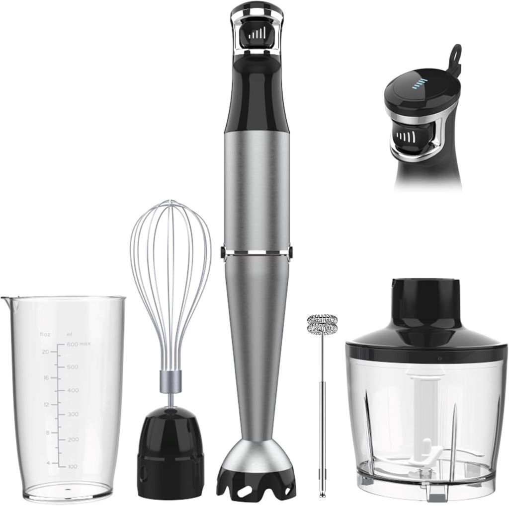 Turelar 1100W 5-in-1 immersion blender set with chopper, whisk, and frother attachments