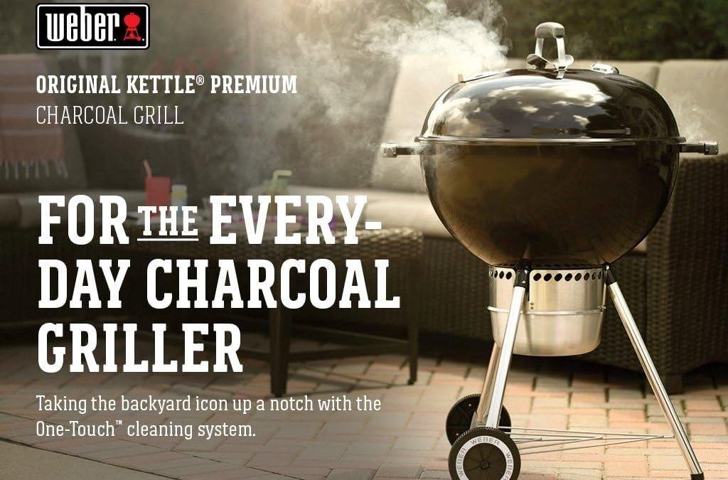 Front view of Weber Original Kettle 22″ charcoal grill with lid closed, showing compact design and durable wheels.