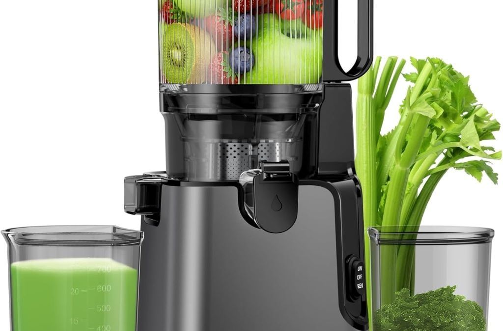 YPONE 400W slow masticating juicer with large feed chute and high juice yield in titanium gray.