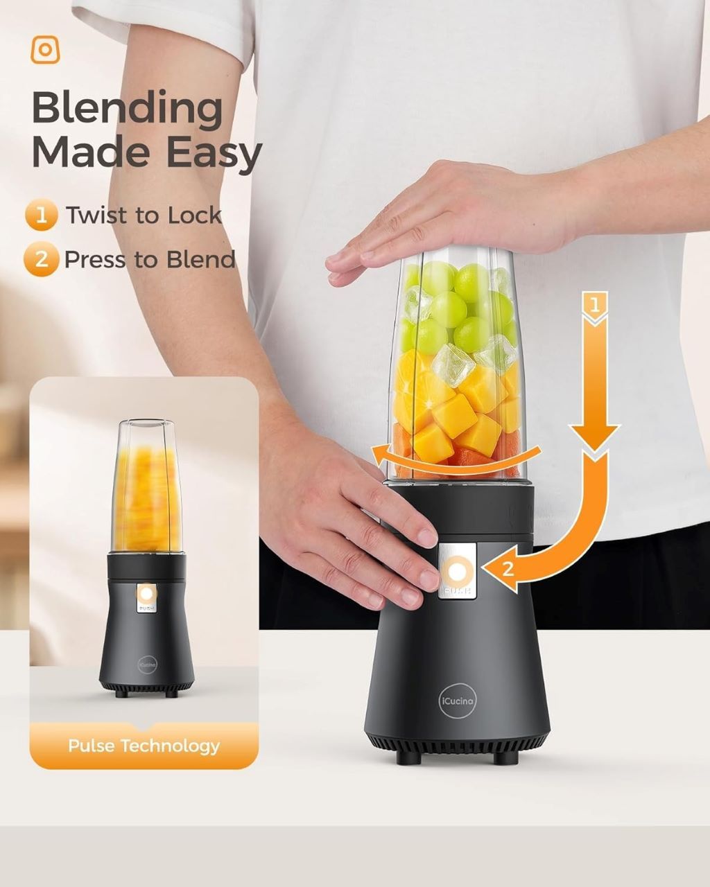 Compact iCucina blender blending frozen fruits and ice for smoothies