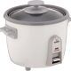 Zojirushi 3-Cup Rice Cooker and Steamer in white on a kitchen counter
