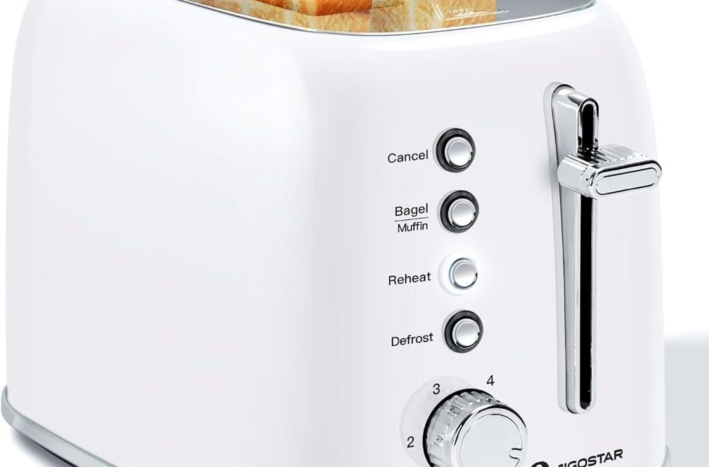 Aigostar Retro 2-Slice Toaster in white stainless steel with extra wide slots
