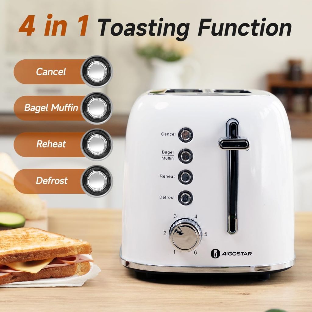 Close-up of Aigostar Retro toaster showing bagel, cancel, and defrost functions