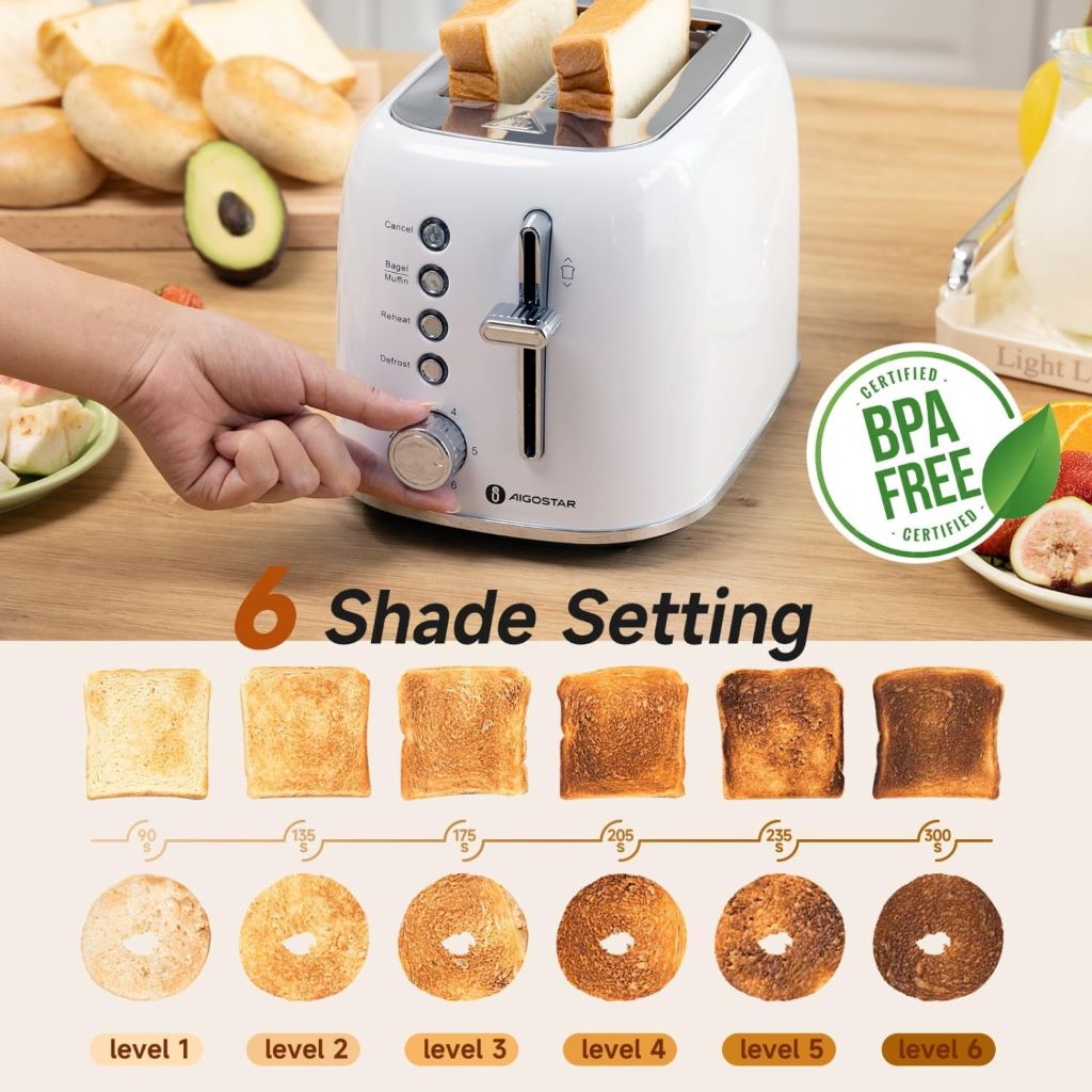Removable crumb tray and 6 shade settings on the Aigostar Retro 2-slice toaster