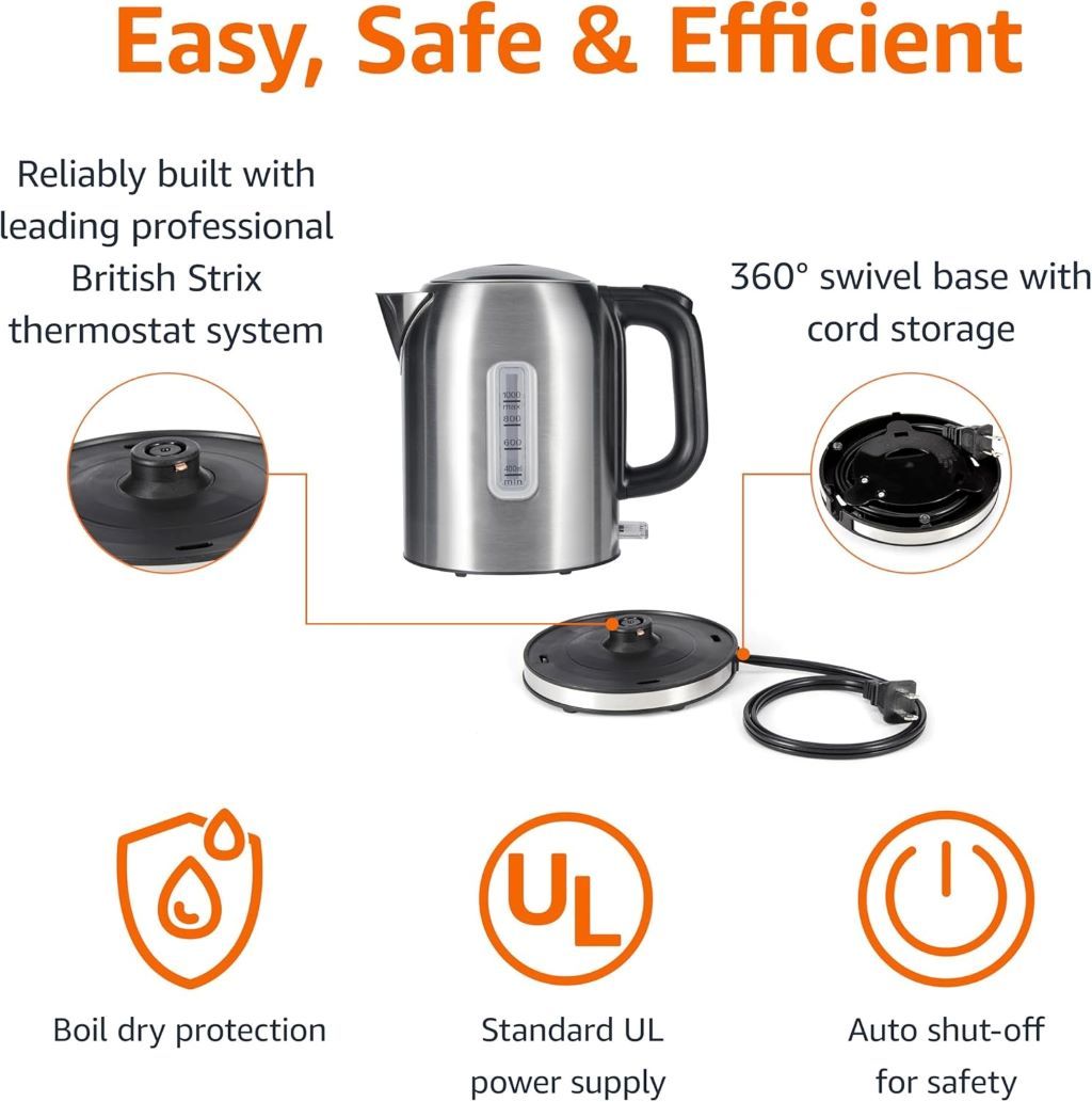 Amazon Basics 1L electric kettle in black and silver with stainless steel finish