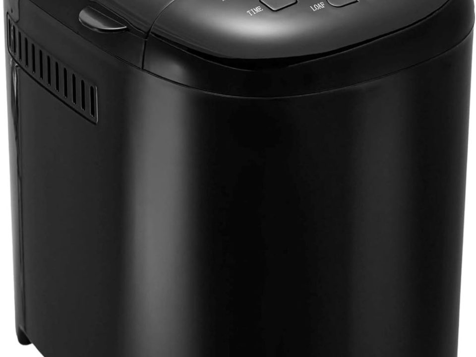 Amazon Basics 2lb programmable bread maker with digital display and control buttons, perfect for homemade bread.