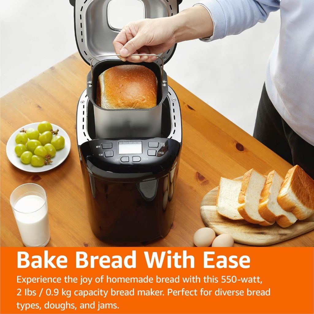 User-friendly bread maker baking fresh, golden loaf, showing versatility in settings and loaf sizes.