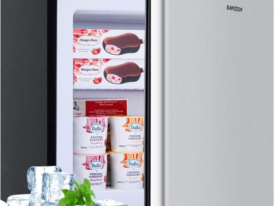 BANGSON 1.1 Cu.ft Upright Mini Freezer with removable shelf in silver finish