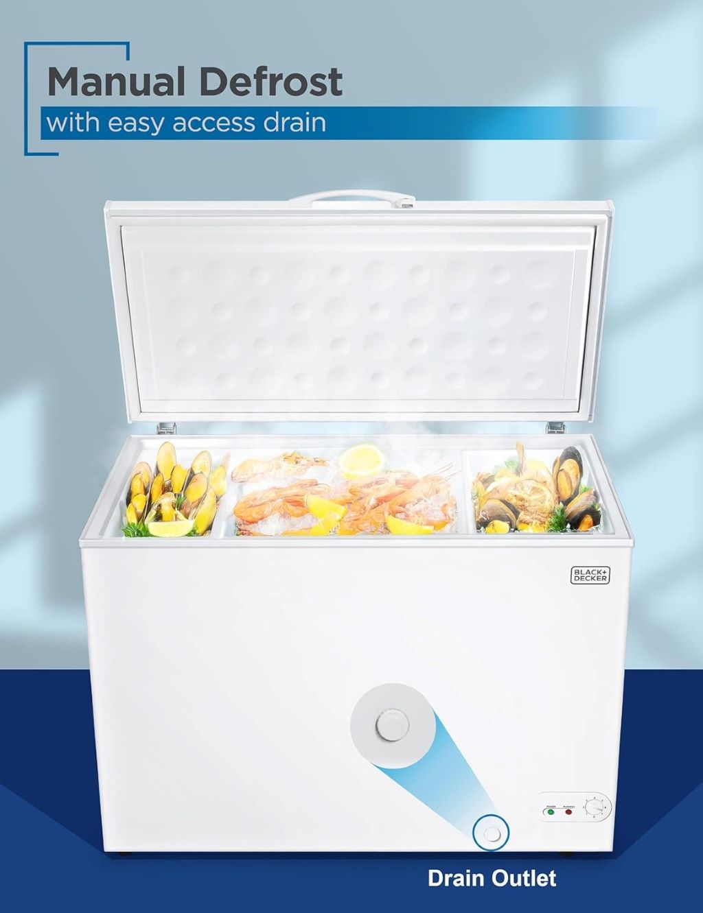 Spacious white BLACK+DECKER deep freezer with mechanical temperature control