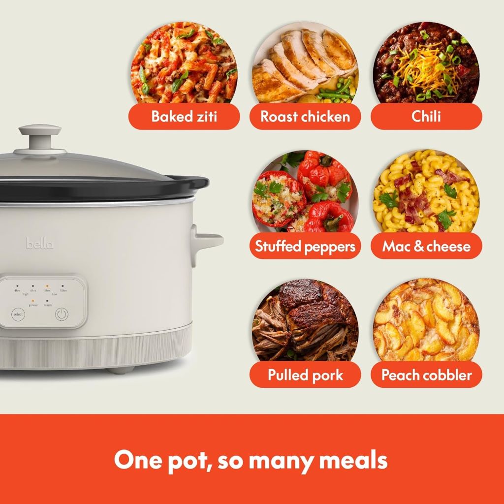 Bella 6-quart easy-clean slow cooker featuring tangle-free cord wrap and stoneware pot