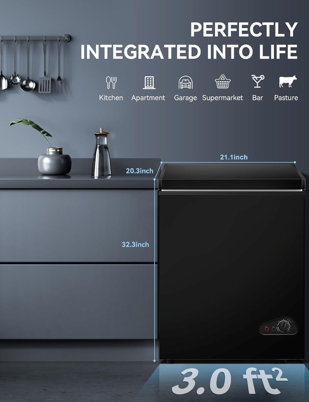 White chest freezer with adjustable thermostat and defrost water drain