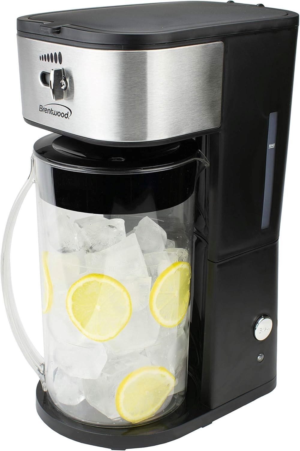 Front view of Brentwood KT-2150BK coffee and tea maker brewing cold beverages