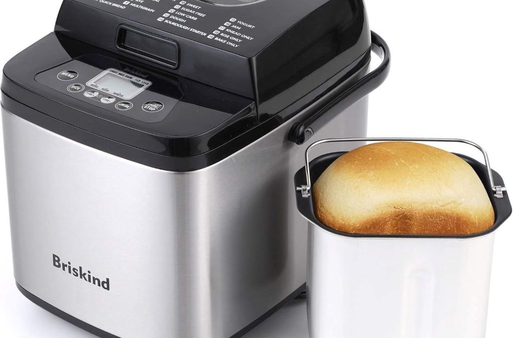 Briskind 19-in-1 compact bread maker with multiple baking functions and carrying handle.