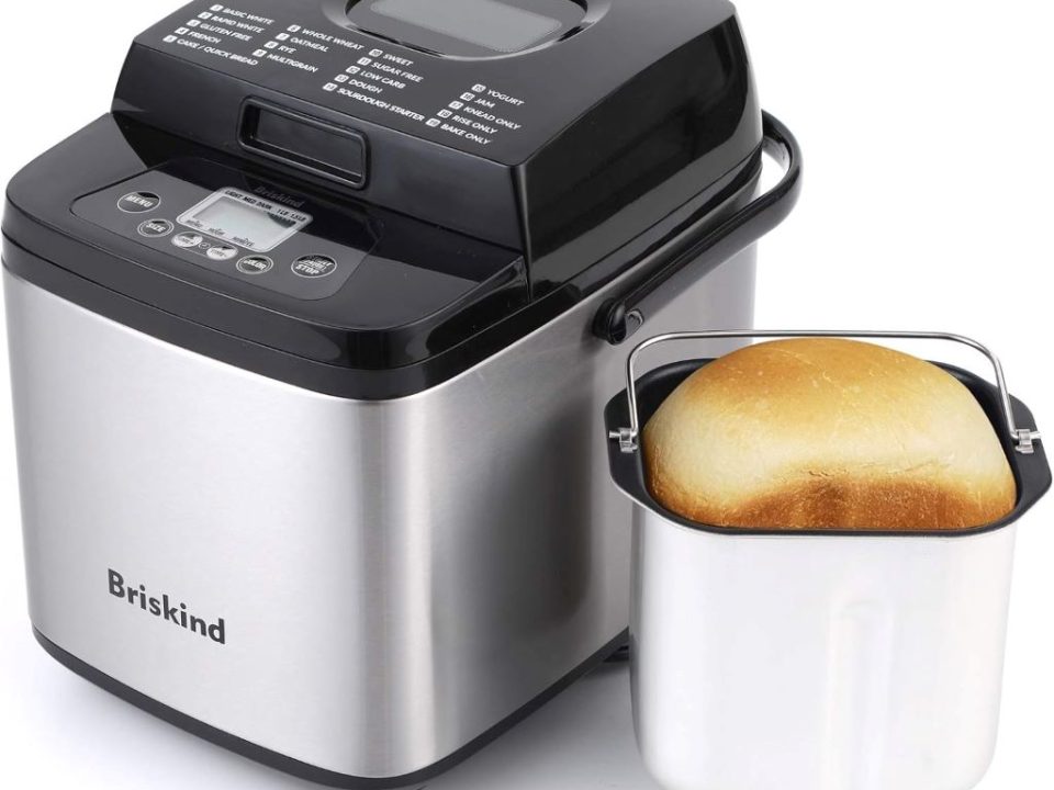 Briskind 19-in-1 compact bread maker with multiple baking functions and carrying handle.