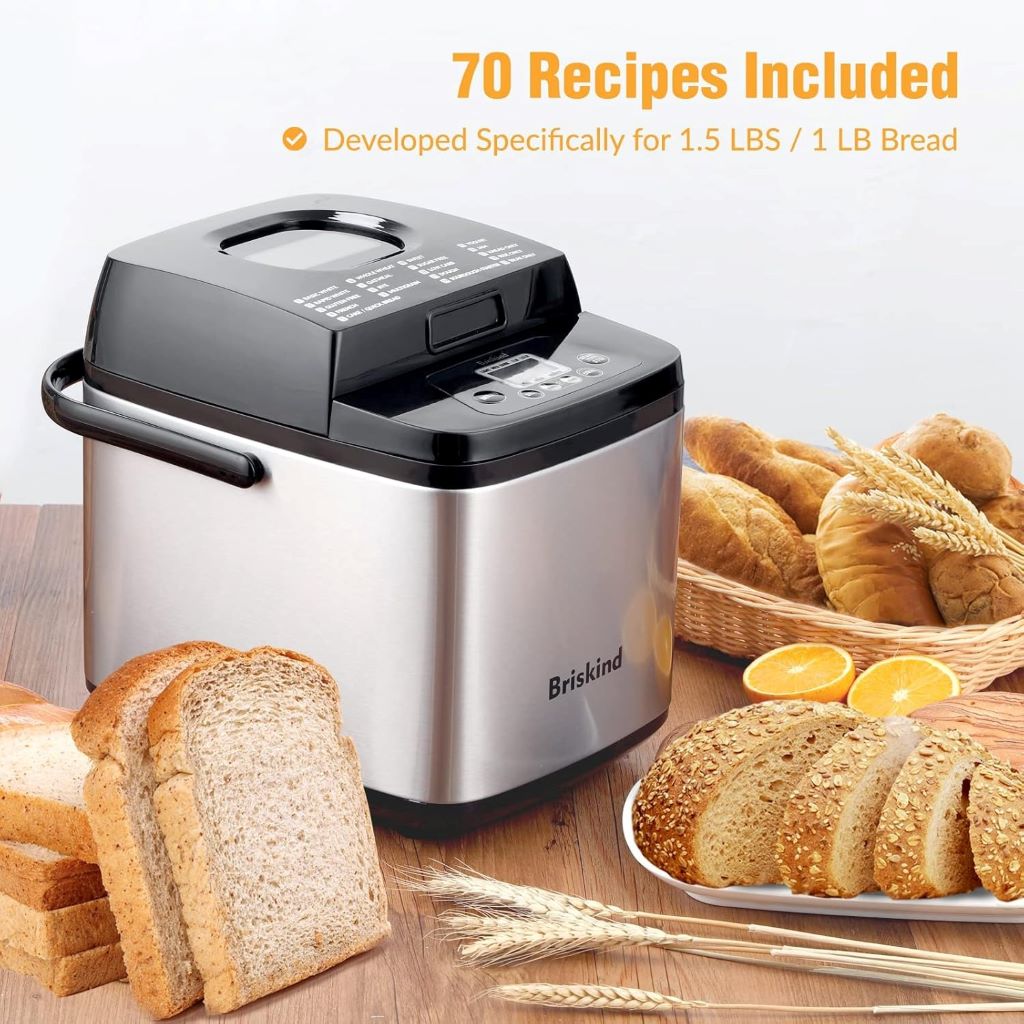 Portable Briskind bread machine for 1–1.5 lb loaves, gluten-free and yogurt options.