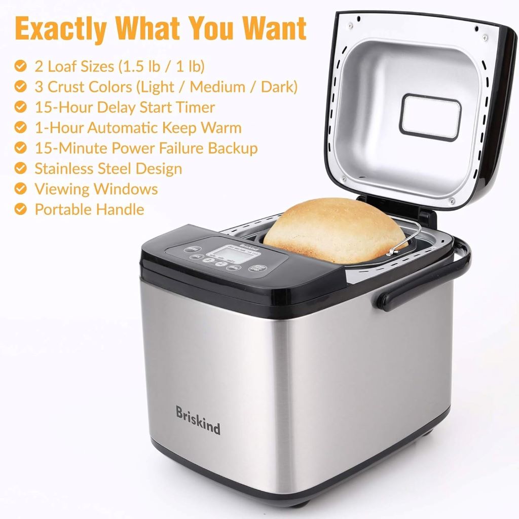 Versatile bread maker baking evenly with 3 crust colors and automatic keep-warm feature.