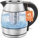 CHEFMAN 1.2L electric glass kettle with stainless steel infuser and LED light on kitchen counter