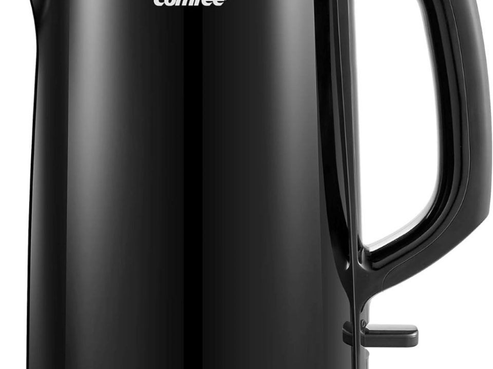 COMFEE’ 1.5L stainless steel electric kettle with double wall design on a kitchen counter.