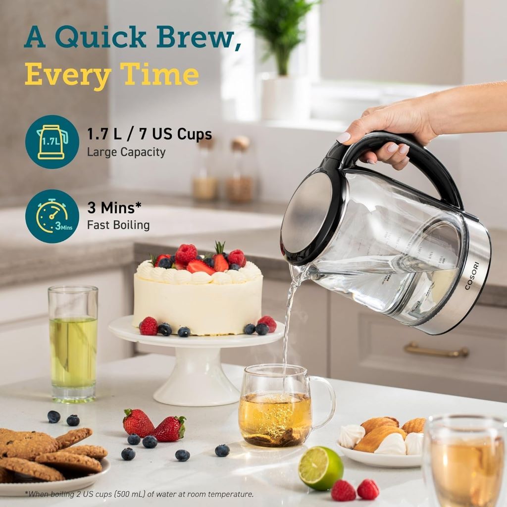 Cosori electric kettle designed for precise temperature control and safe boiling