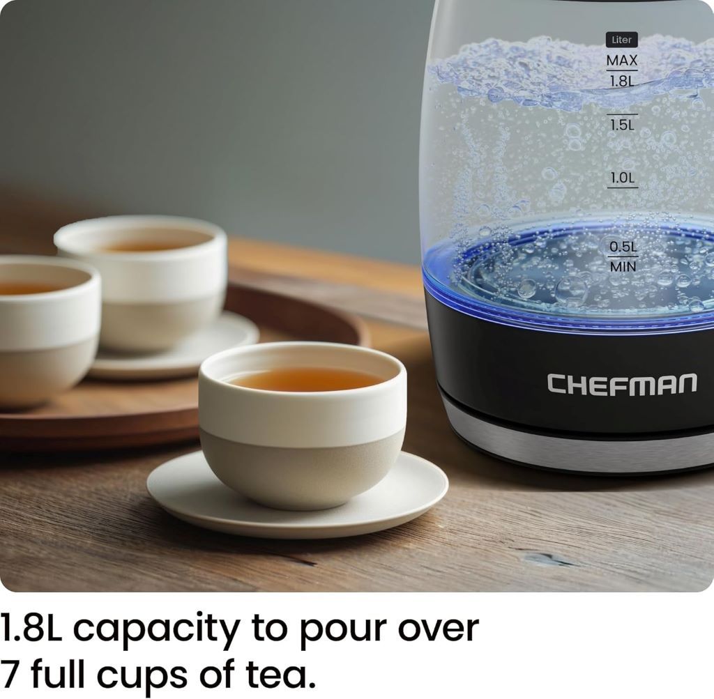 Fast-boiling Chefman electric tea kettle with removable lid and auto shut-off