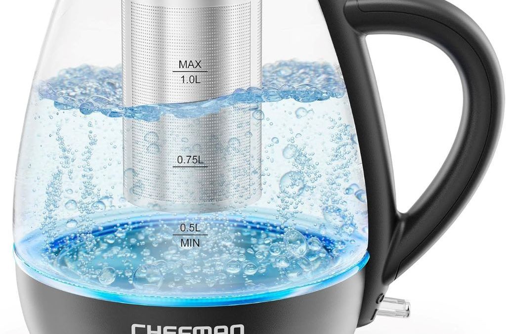 Chefman 1L Electric Kettle with tea infuser and stainless steel filter on kitchen counter