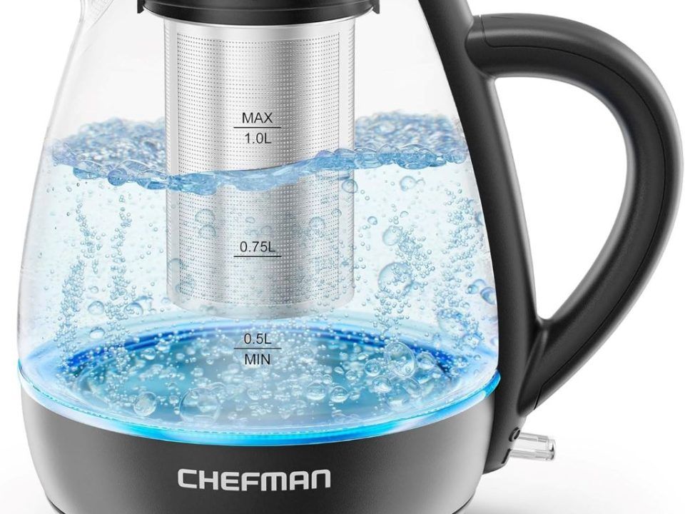 Chefman 1L Electric Kettle with tea infuser and stainless steel filter on kitchen counter