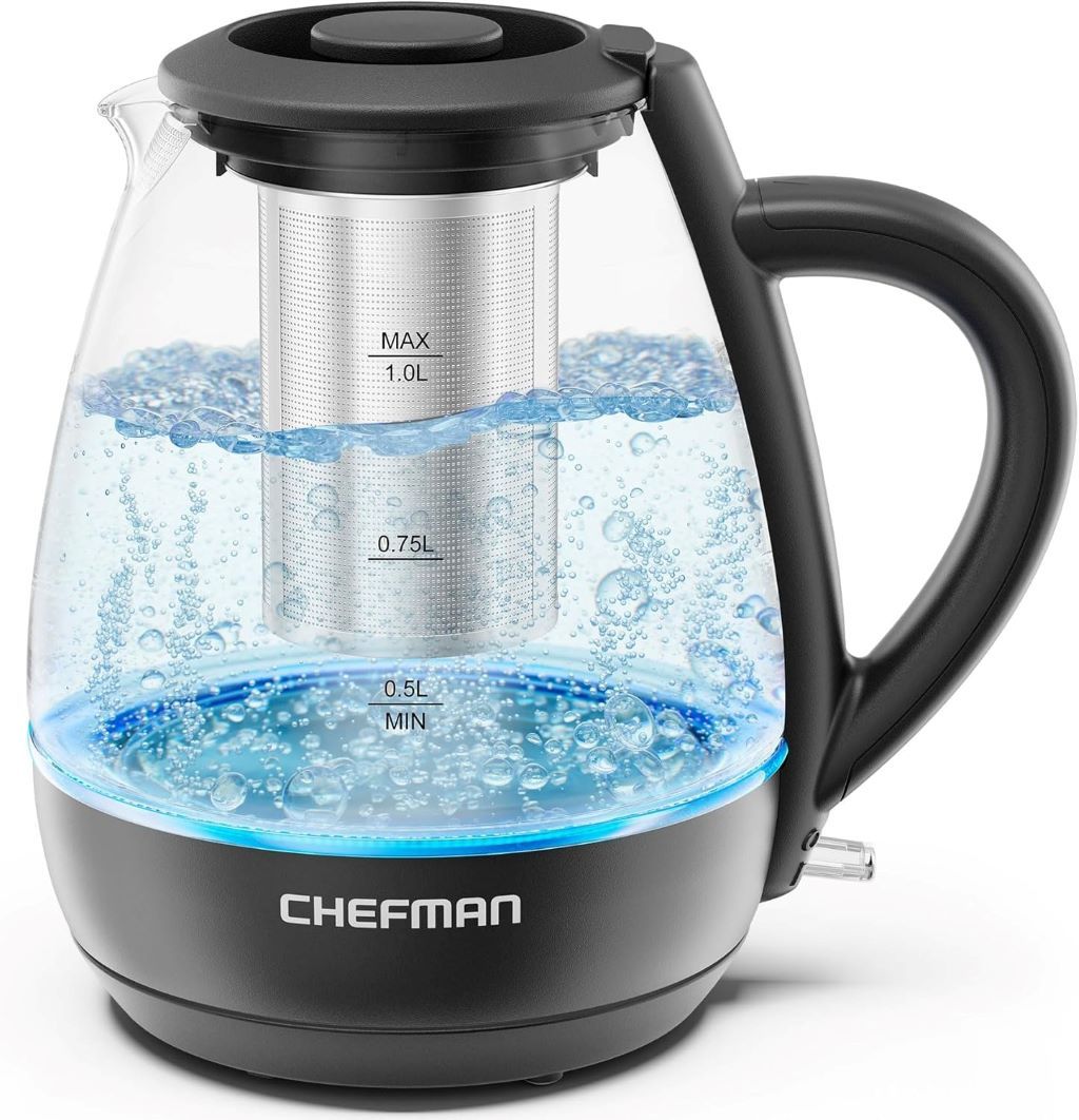 Chefman 1L Electric Kettle with tea infuser and stainless steel filter on kitchen counter