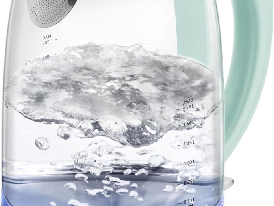 Cosori 1.7L glass electric kettle with green handle, boiling water for tea and coffee