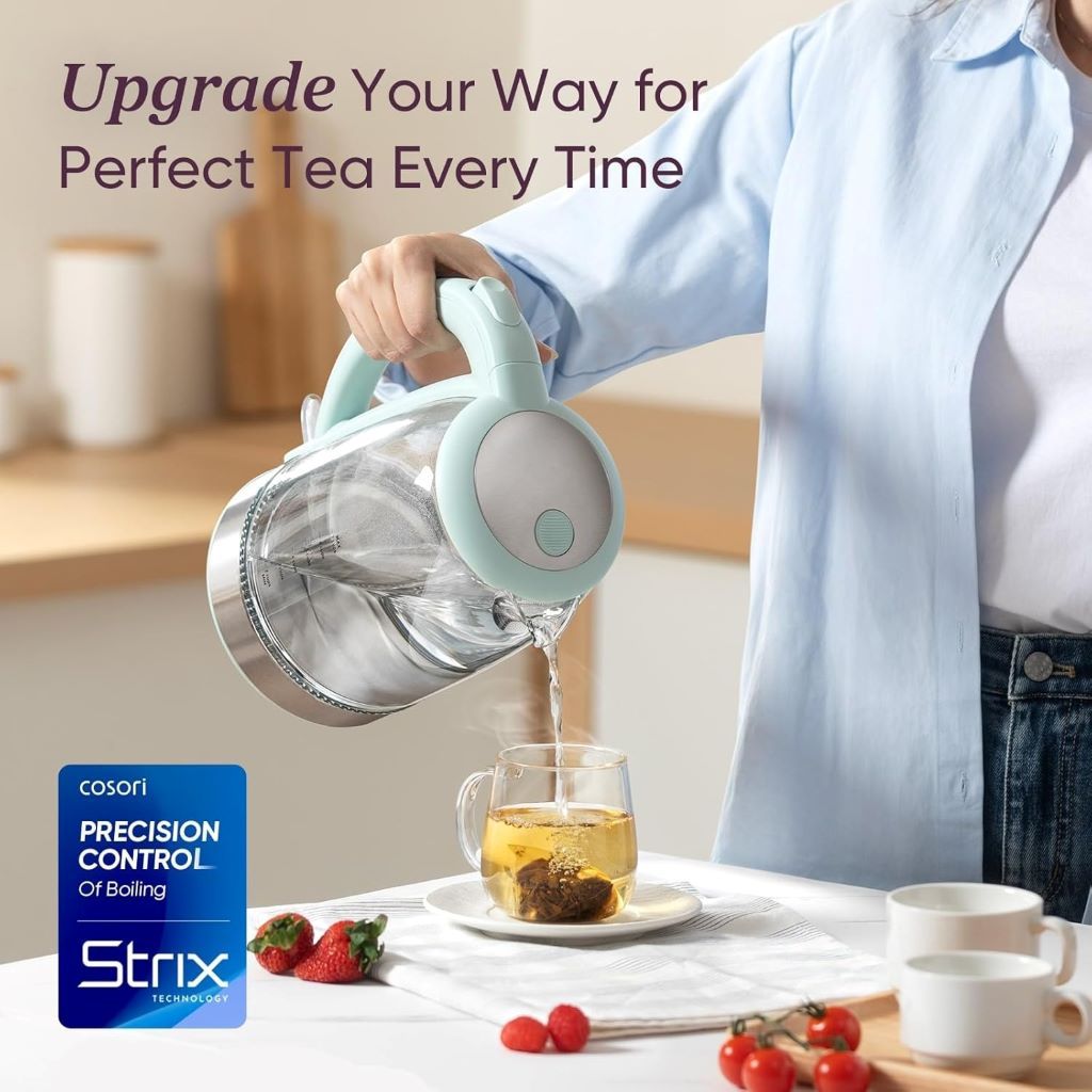 Safe borosilicate glass electric kettle by Cosori with automatic shut-off feature