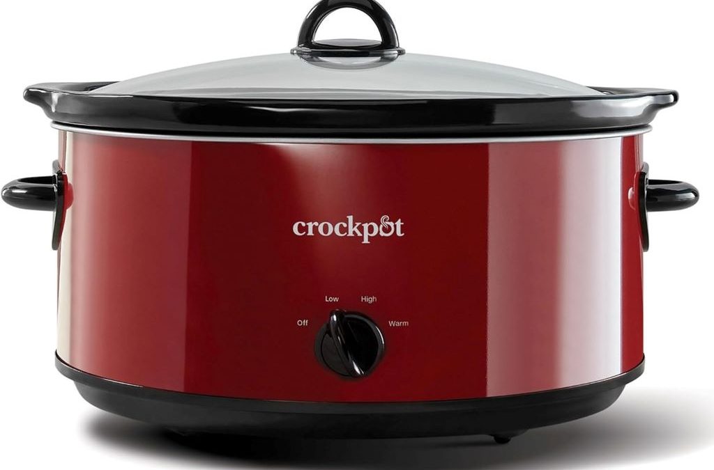 Crock-Pot Express 8-Quart red slow cooker on kitchen counter