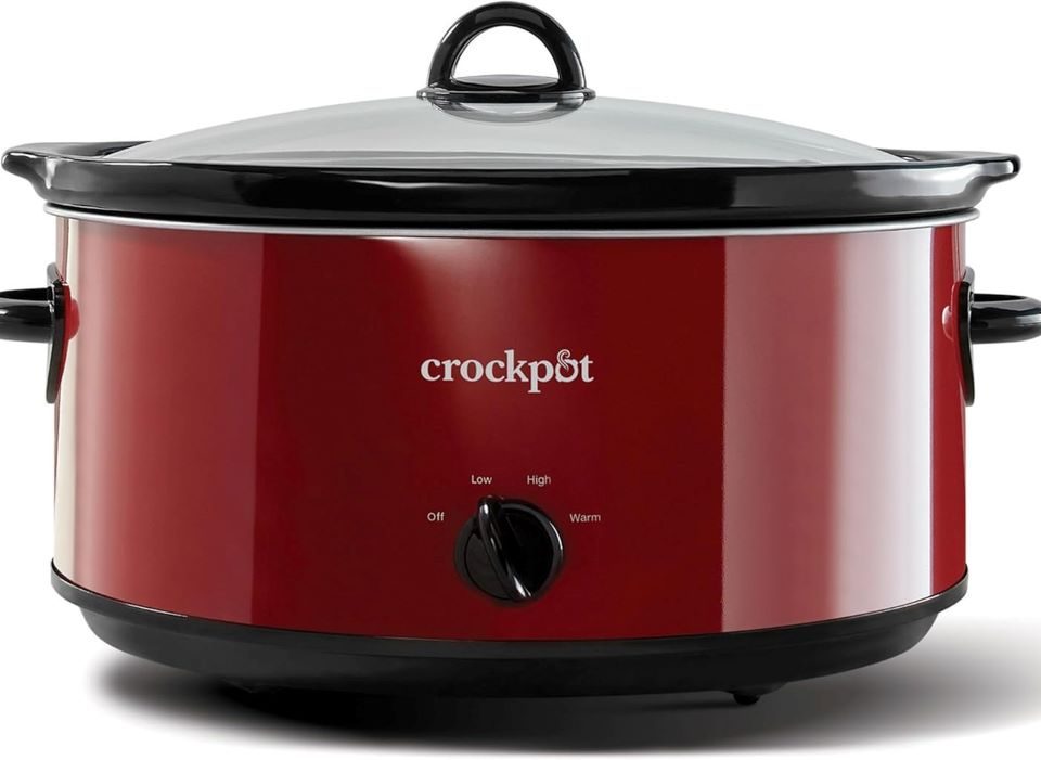Crock-Pot Express 8-Quart red slow cooker on kitchen counter