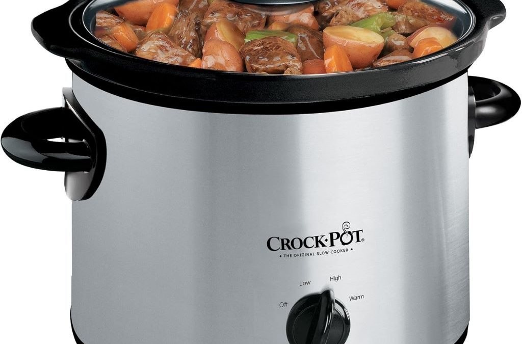Crockpot Manual 3-Quart Slow Cooker in silver with black accents on kitchen counter