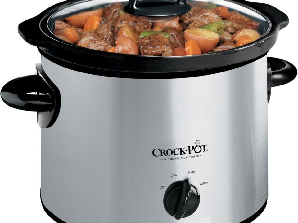 Crockpot Manual 3-Quart Slow Cooker in silver with black accents on kitchen counter