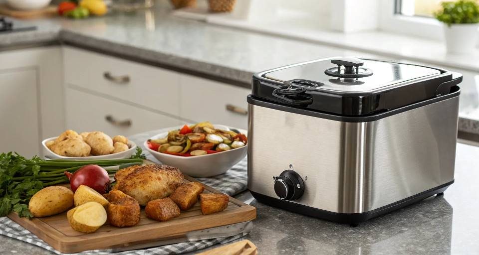 Deep fryer filtering clean canola oil into storage box on kitchen counter