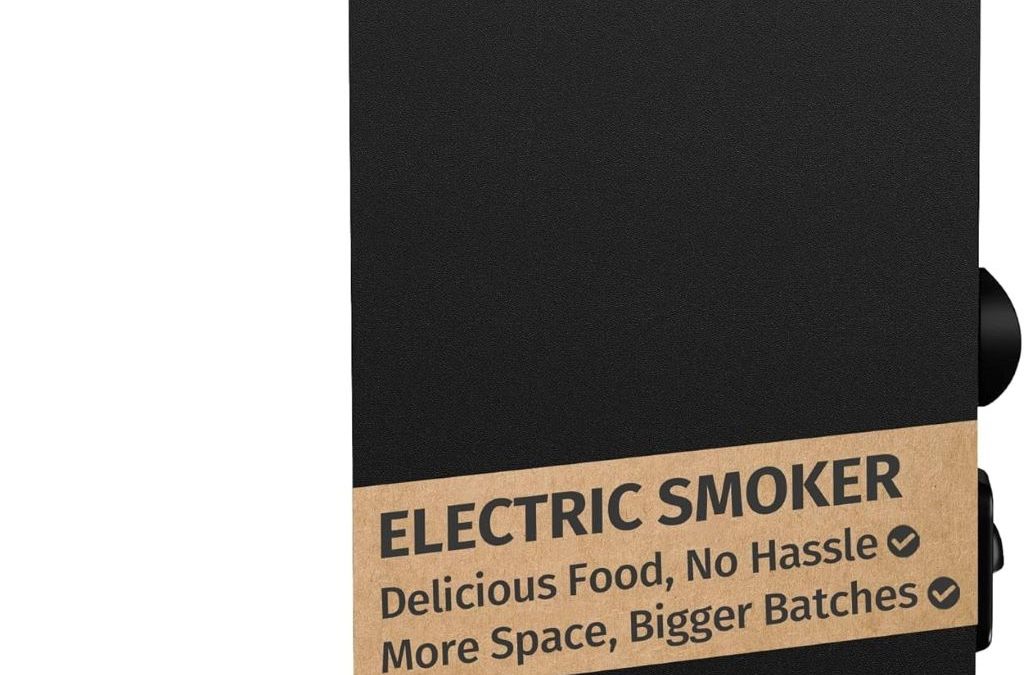 EAST OAK 30-inch Electric Smoker with digital controls and side wood chip loader in a backyard setting