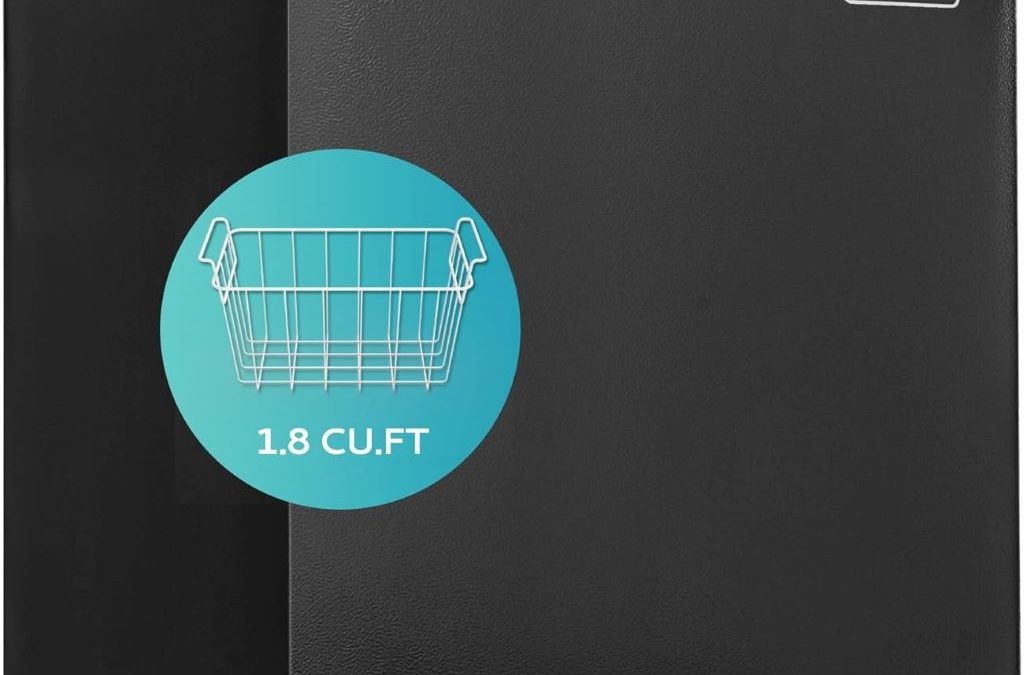 EUHOMY 1.8 Cu.Ft black chest freezer with removable basket and top door, ideal for small spaces.