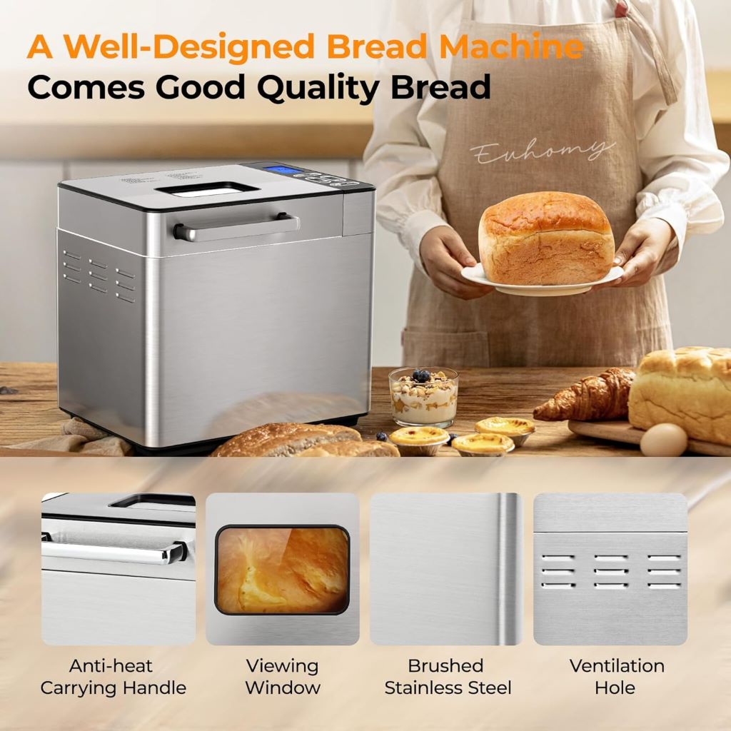 Versatile EUHOMY bread machine making 2LB and 3 loaf sizes with adjustable crust