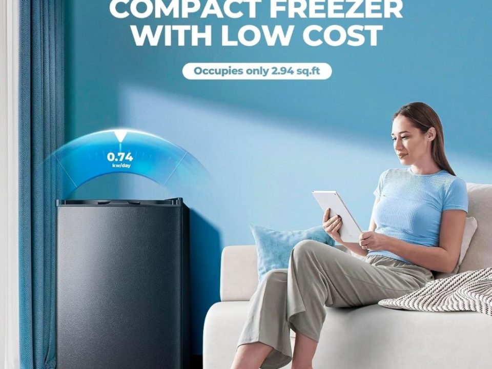 Electactic 3.0 Cu.Ft mini upright freezer with adjustable thermostat and removable shelves in black.