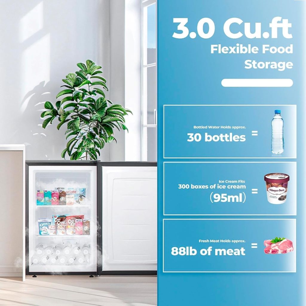 Black Electactic 3.0 Cu.Ft freezer featuring reversible door and space-saving design.