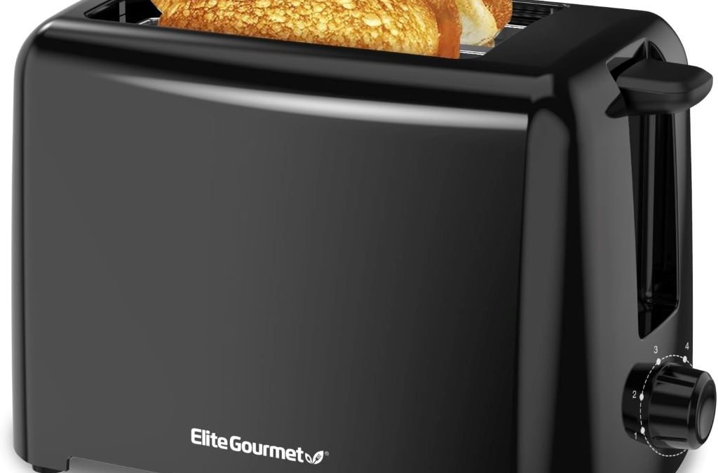 Elite Gourmet Cool-Touch 2-Slice Toaster with extra-wide slots and 6 temperature settings.