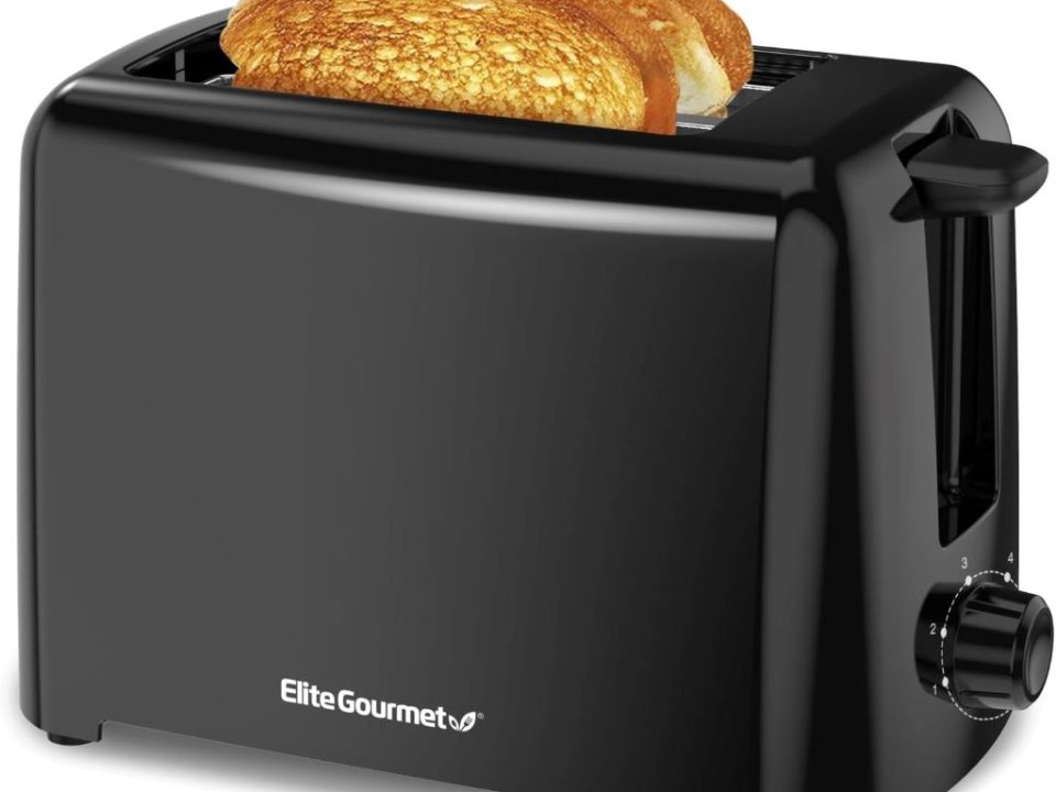 Elite Gourmet Cool-Touch 2-Slice Toaster with extra-wide slots and 6 temperature settings.