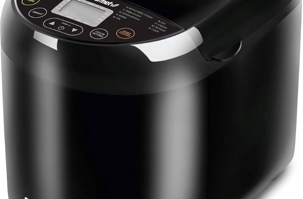 Elite Gourmet EBM8103B bread maker in black with 3 loaf sizes and 19 menu functions.