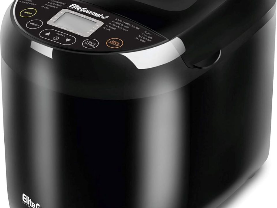 Elite Gourmet EBM8103B bread maker in black with 3 loaf sizes and 19 menu functions.
