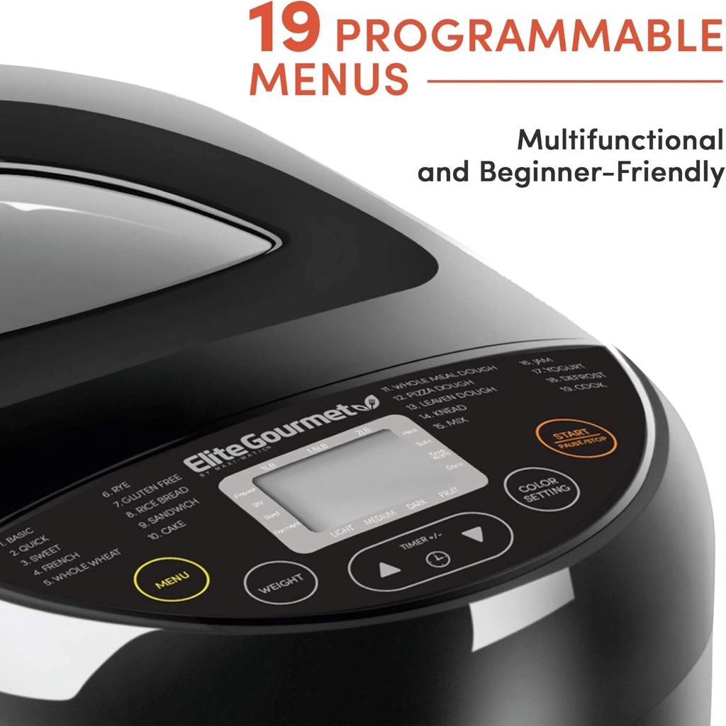 Kitchen countertop Elite Gourmet EBM8103B bread maker for French, rye, and more breads.