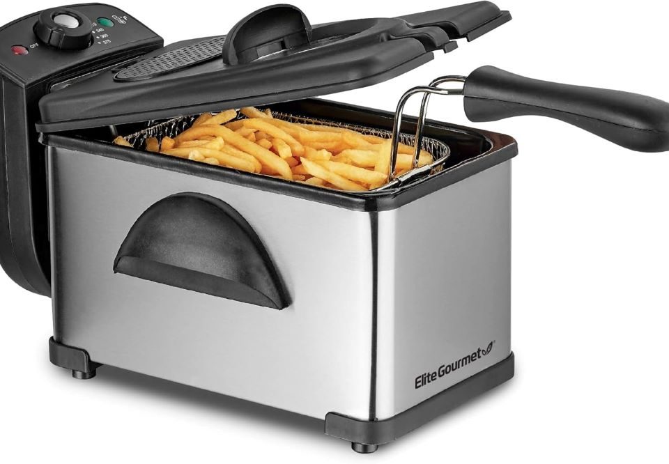 Elite Gourmet EDF2100 fryer showing lid, basket, and temperature control knob
