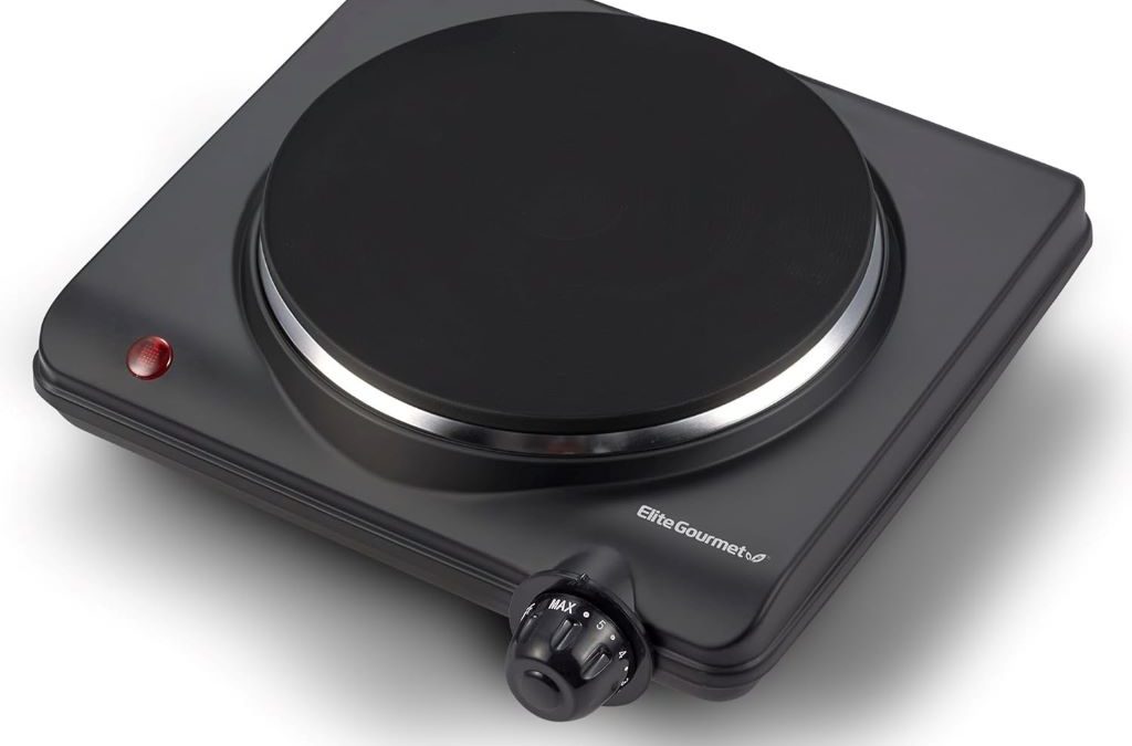 Elite Gourmet ESB-301BF single burner hot plate with cast iron surface and temperature control knob